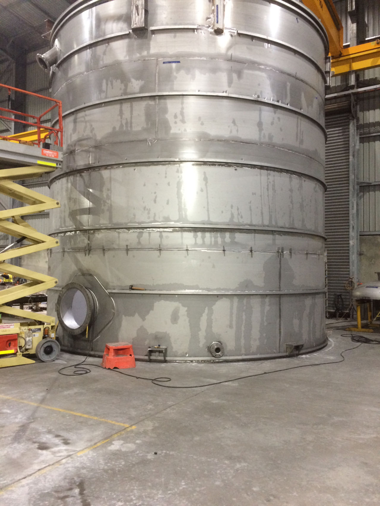 Large stainless steel tank fabricated in the Vertex Construction WA workshop